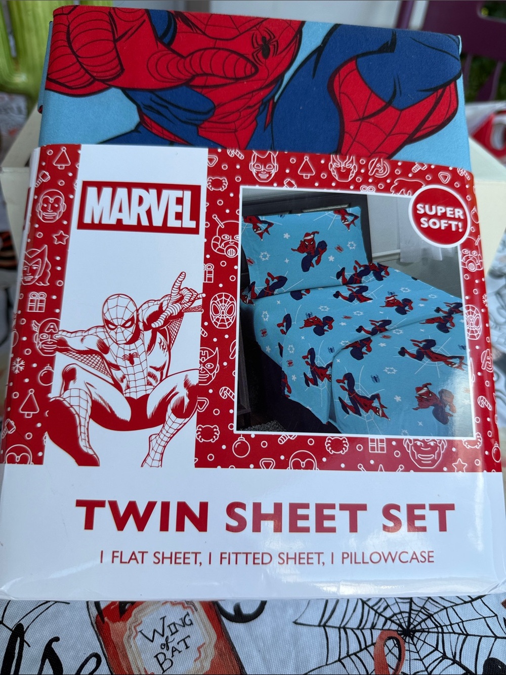 NWT Marvel Spider-Man with Santa Hat Twin Sheet Set flat, fitted & pillowcase
